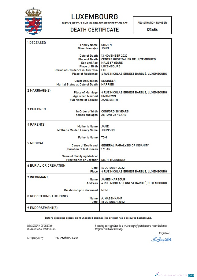 Download Luxembourg death certificate Word and PDF template Photoshop template